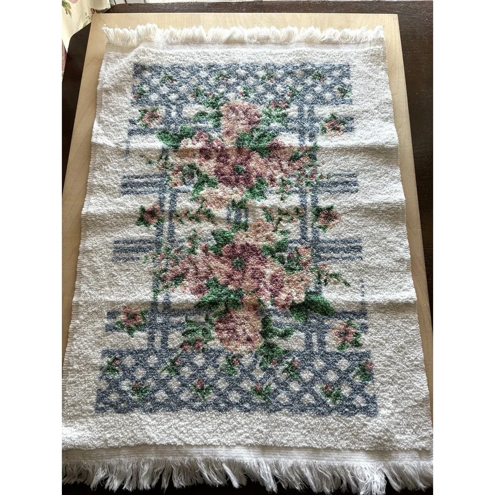 Vintage 80s Franco Towel Set Bath Hand Washcloth Pink Blue Lattice Floral